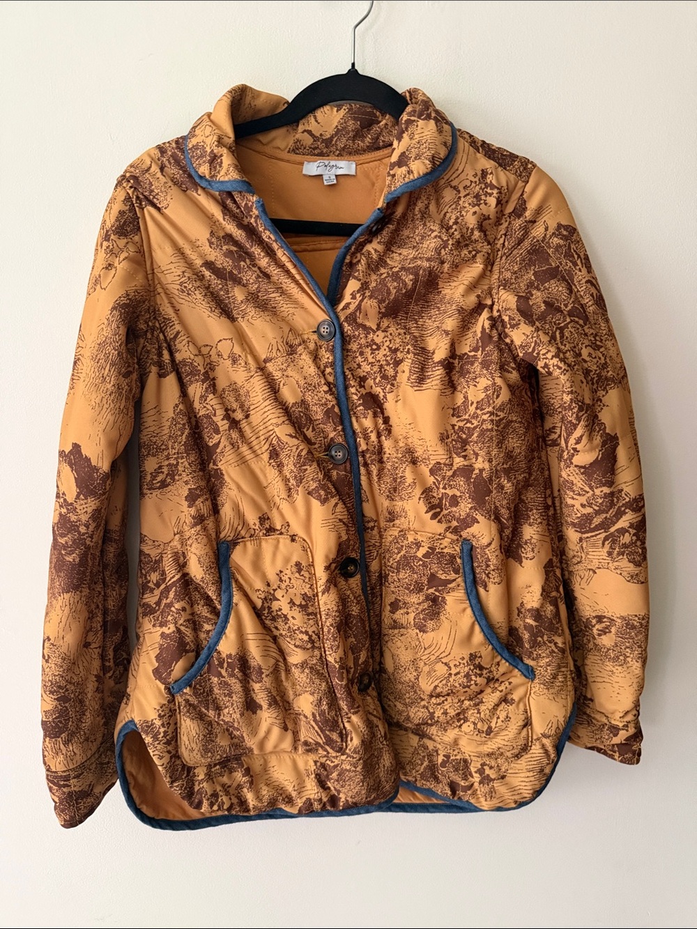 Polagram Mustard & Brown Printed Quilted Puffer Jacket with Blue Trim